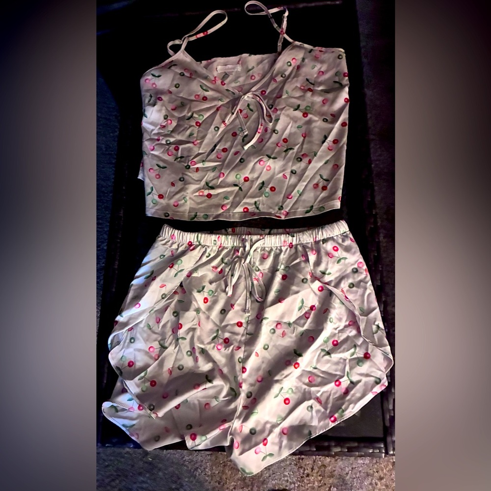 Colsie Cherry Print Pajama Set - White and Pink
